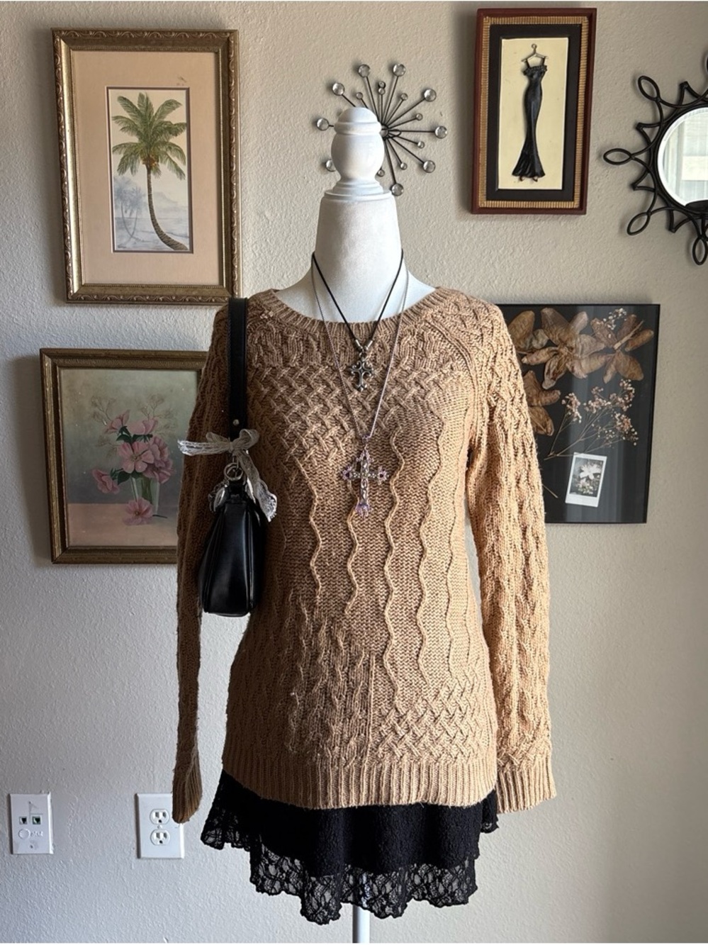 Mossimo Supply Co. Camel Cable-Knit Crewneck Sweater